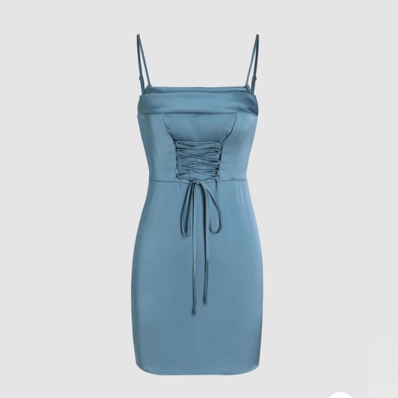 Satin Lace-Up Square Neck Mini Dress - Picture 1 of 3
